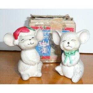 Vintage Mistletoe Mice Mouse Salt & Pepper Shakers Christmas House of Lloyd Cute